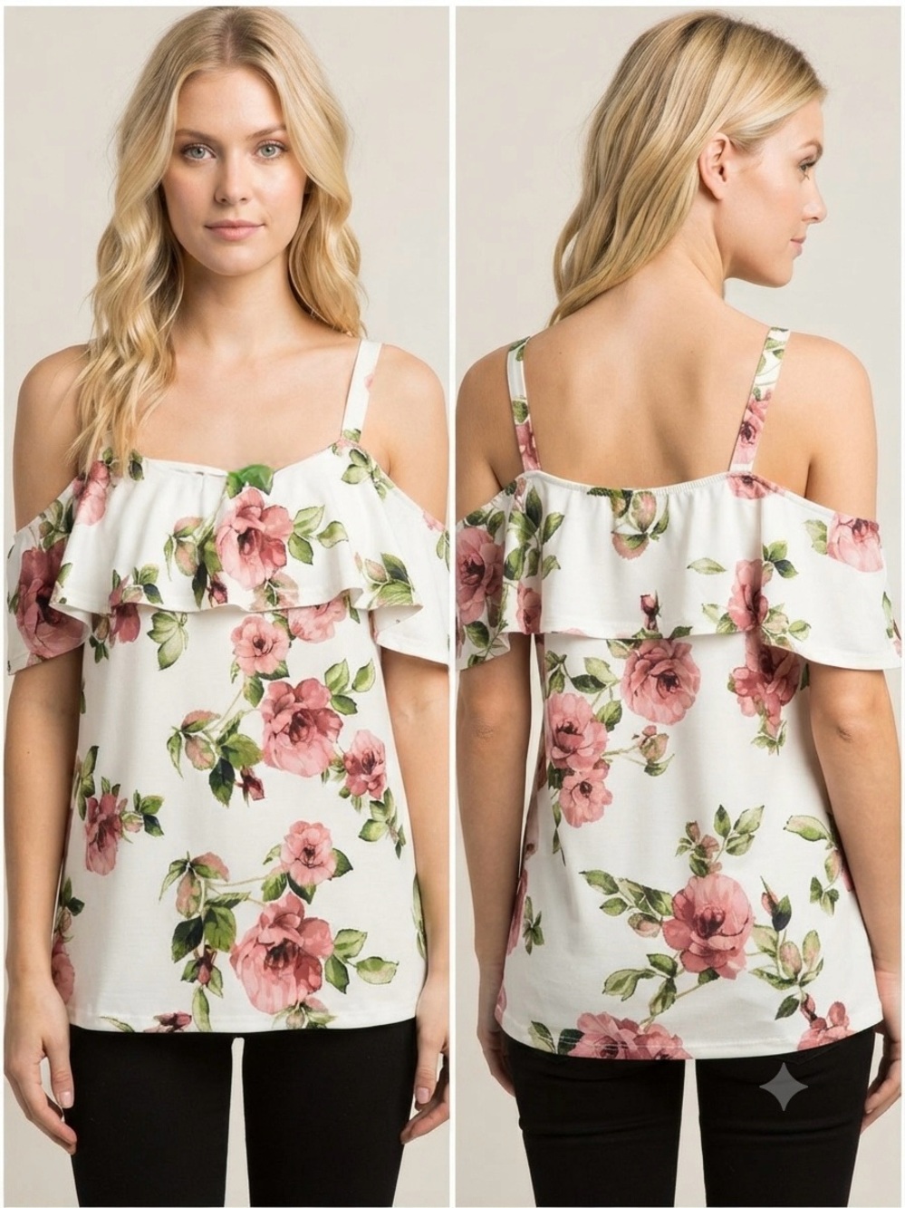 TMG New York Cold-Shoulder Floral Tank Top - White with Pink Roses